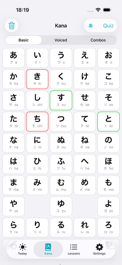 Screenshot of the Japanese Daily app showing the interactive Hiragana and Katakana table